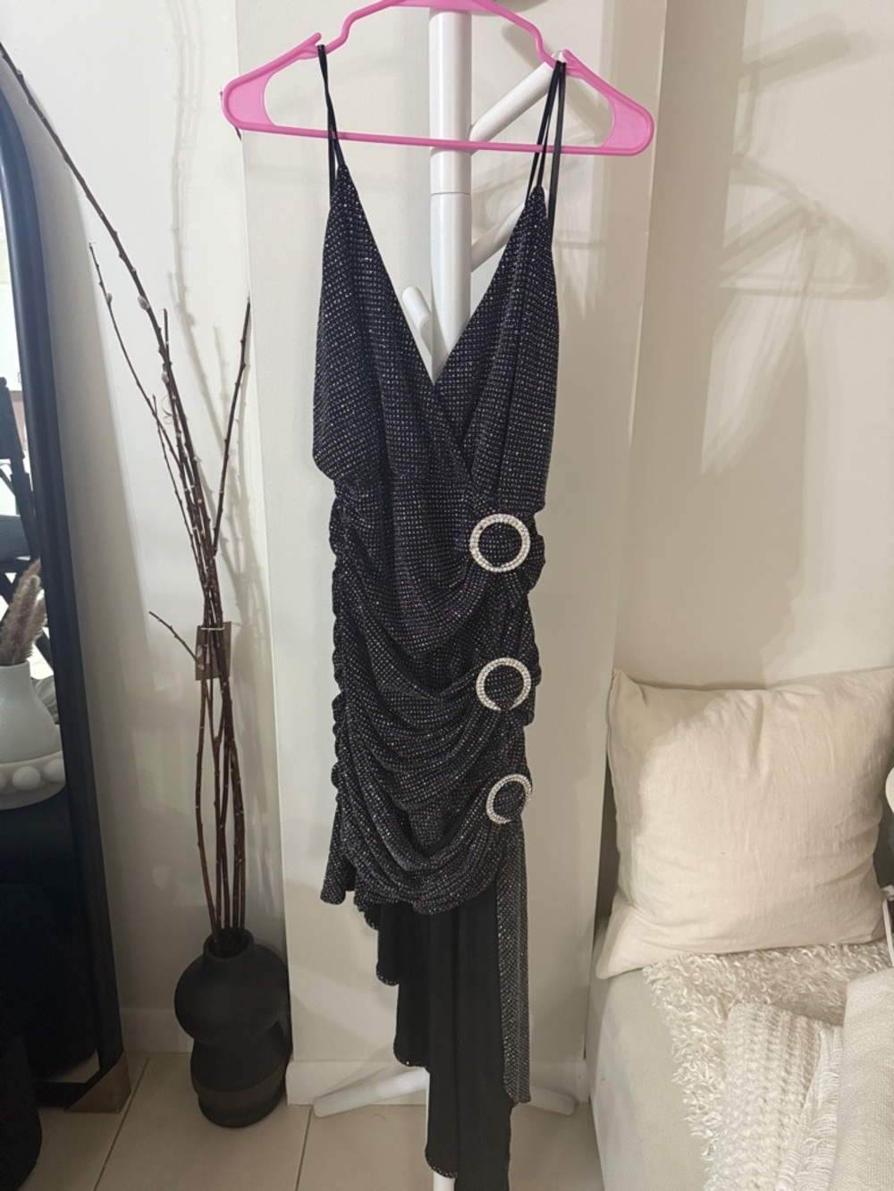 For Love & Lemons Margaux Glitter Dress in Metallic Black Asymmetric - Picture 7 of 11